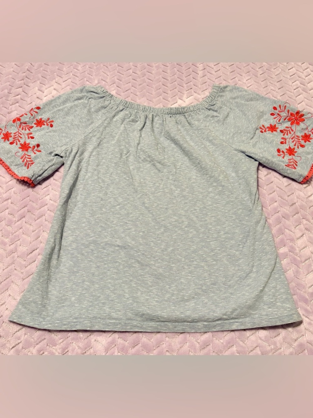Talbots Light Blue Off-Shoulder Top with Coral Floral Embroidery - Picture 2 of 4